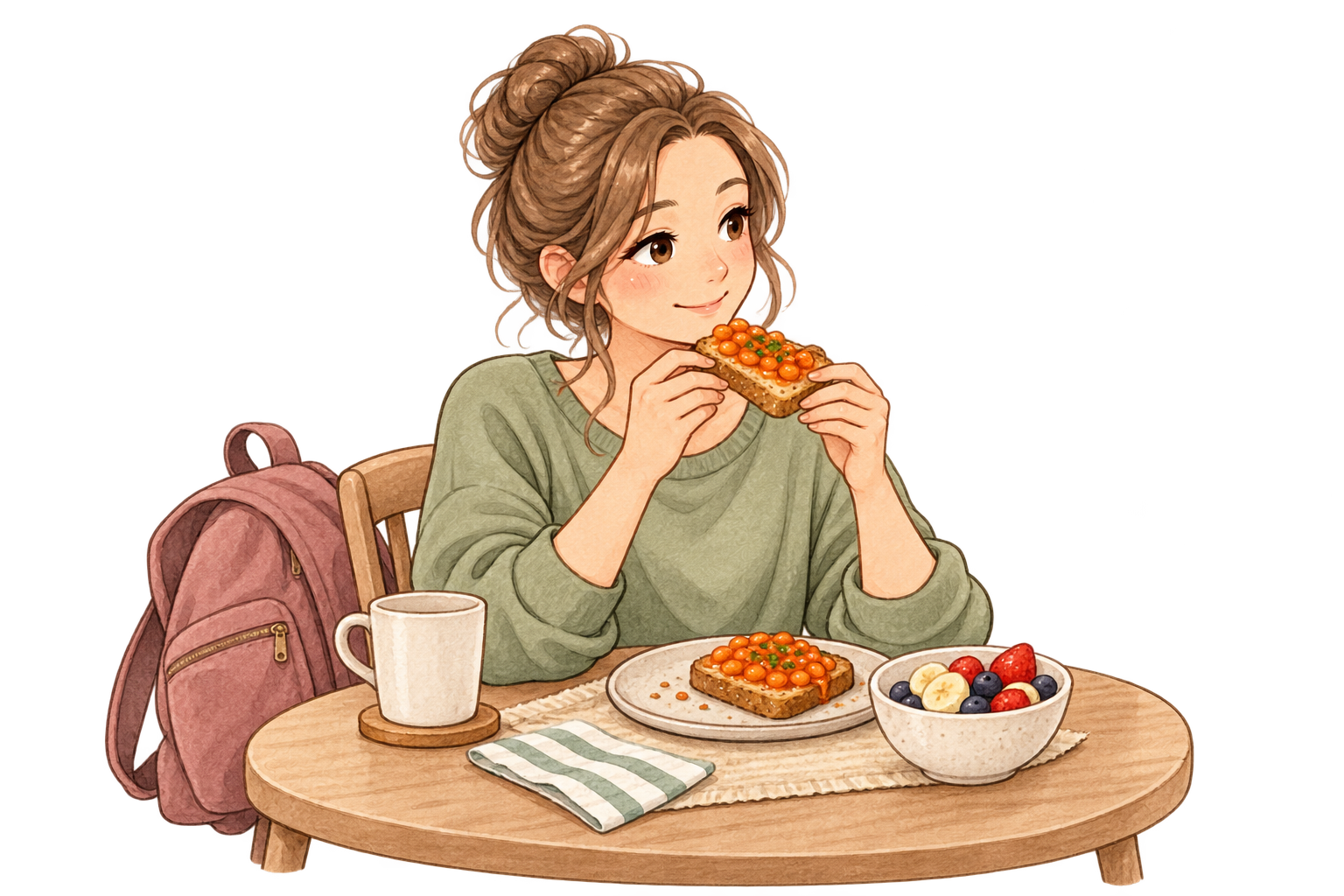 A young woman sitting down for a snack after a busy day.