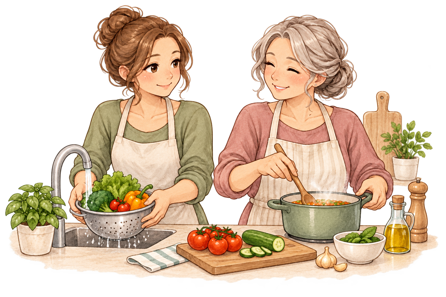 Two women preparing a family meal together.