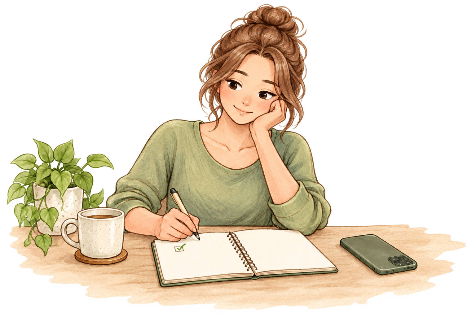A young woman taking a quiet moment to plan her week.